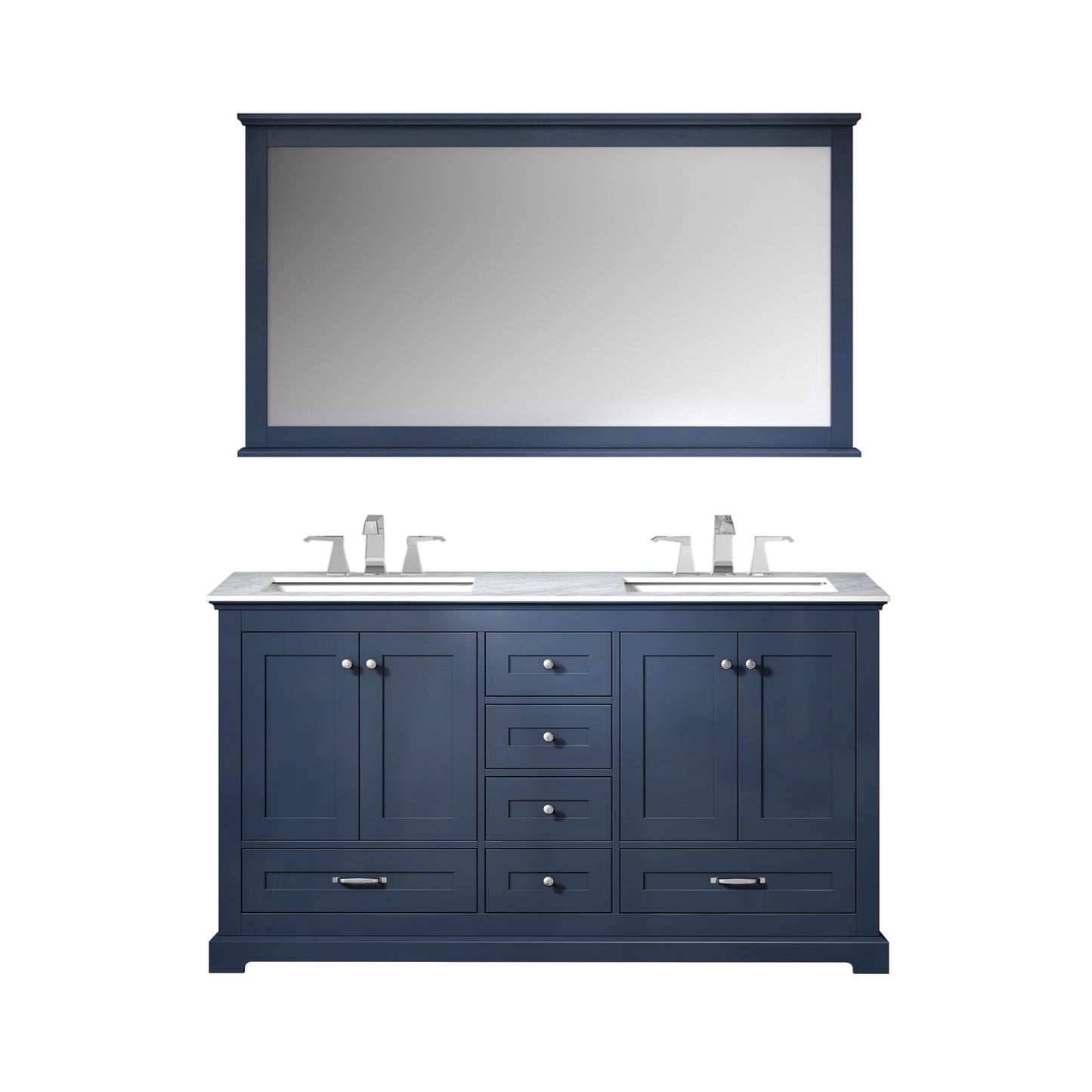Lexora Dukes 60" Double Vanity, White Carrara Marble Top, White Square Sinks and 58" Mirror w/ Faucets - Luxe Bathroom Vanities