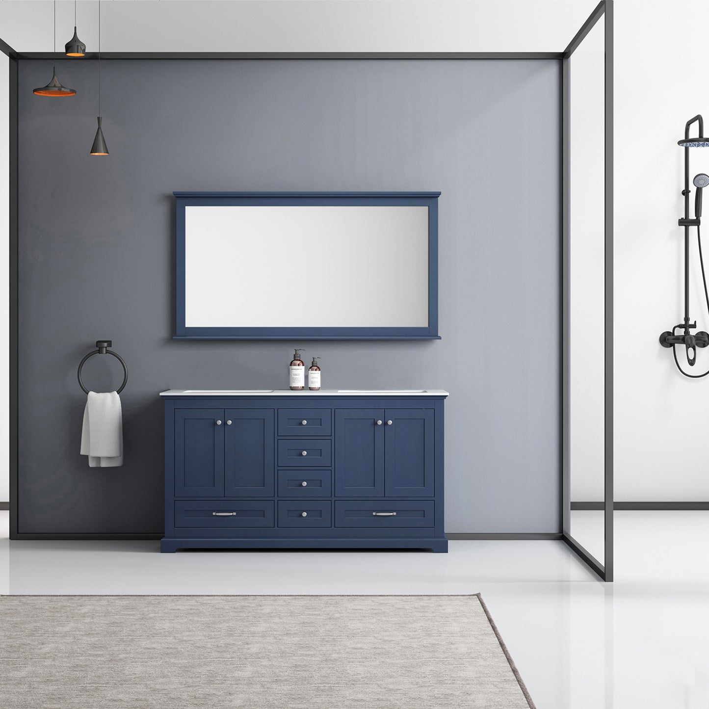 Dukes 60" Double Vanity, White Carrara Marble Top, White Square Sinks and 58" Mirror - Luxe Bathroom Vanities