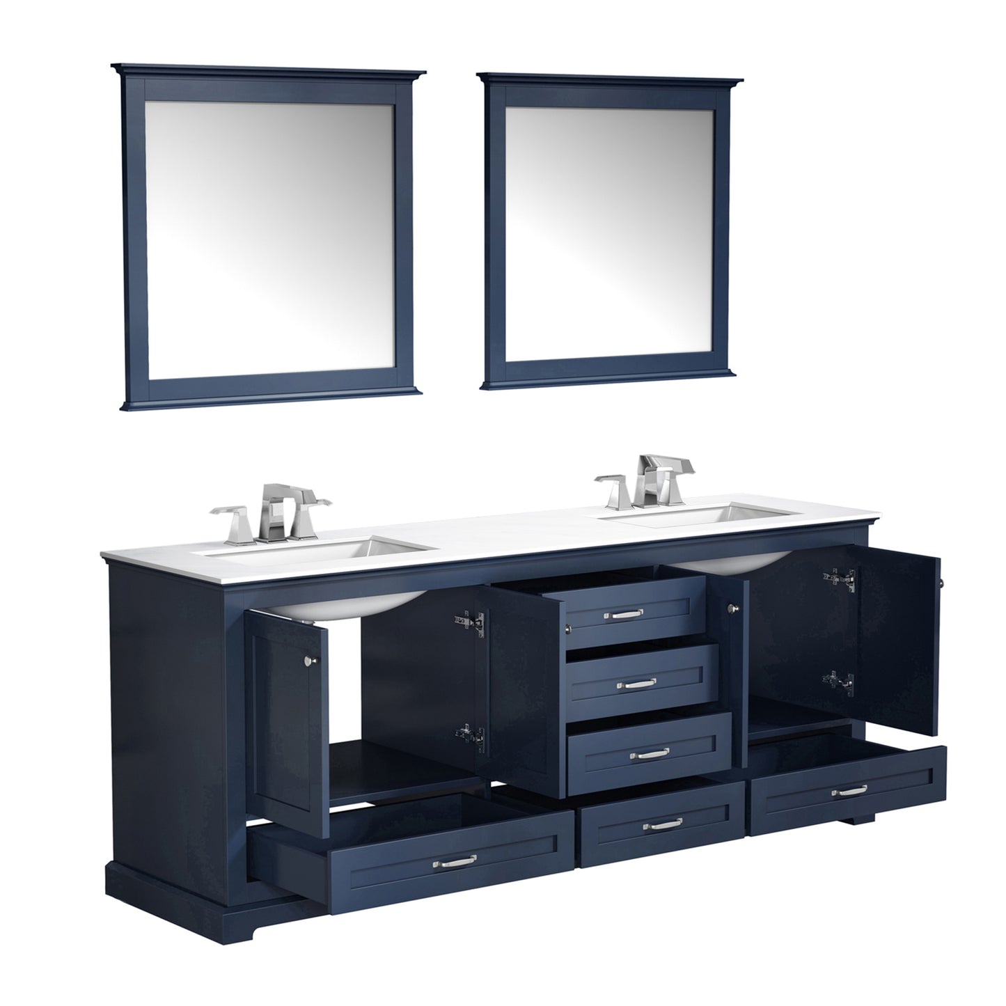 Lexora Dukes 80" Double Vanity, White Quartz Top, White Square Sinks and 30" Mirrors w/ Faucets - Luxe Bathroom Vanities