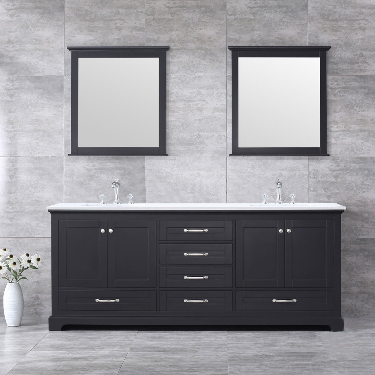 Lexora Dukes 80" Double Vanity, White Quartz Top, White Square Sinks and 30" Mirrors - Luxe Bathroom Vanities