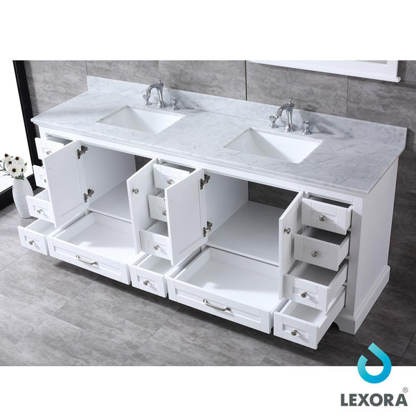 Dukes 84" Double Vanity, White Carrara Marble Top, White Square Sinks and 34" Mirrors - Luxe Bathroom Vanities Luxury Bathroom Fixtures Bathroom Furniture