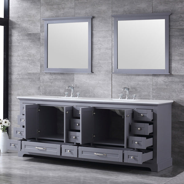 Lexora Dukes 84" Double Vanity, White Quartz Top, White Square Sinks and 34" Mirrors - Luxe Bathroom Vanities