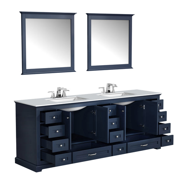 Lexora Dukes 84" Double Vanity, White Quartz Top, White Square Sinks and 34" Mirrors w/ Faucets - Luxe Bathroom Vanities