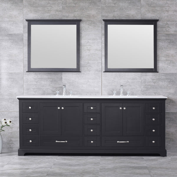 Lexora Dukes 84" Double Vanity, White Quartz Top, White Square Sinks and 34" Mirrors - Luxe Bathroom Vanities