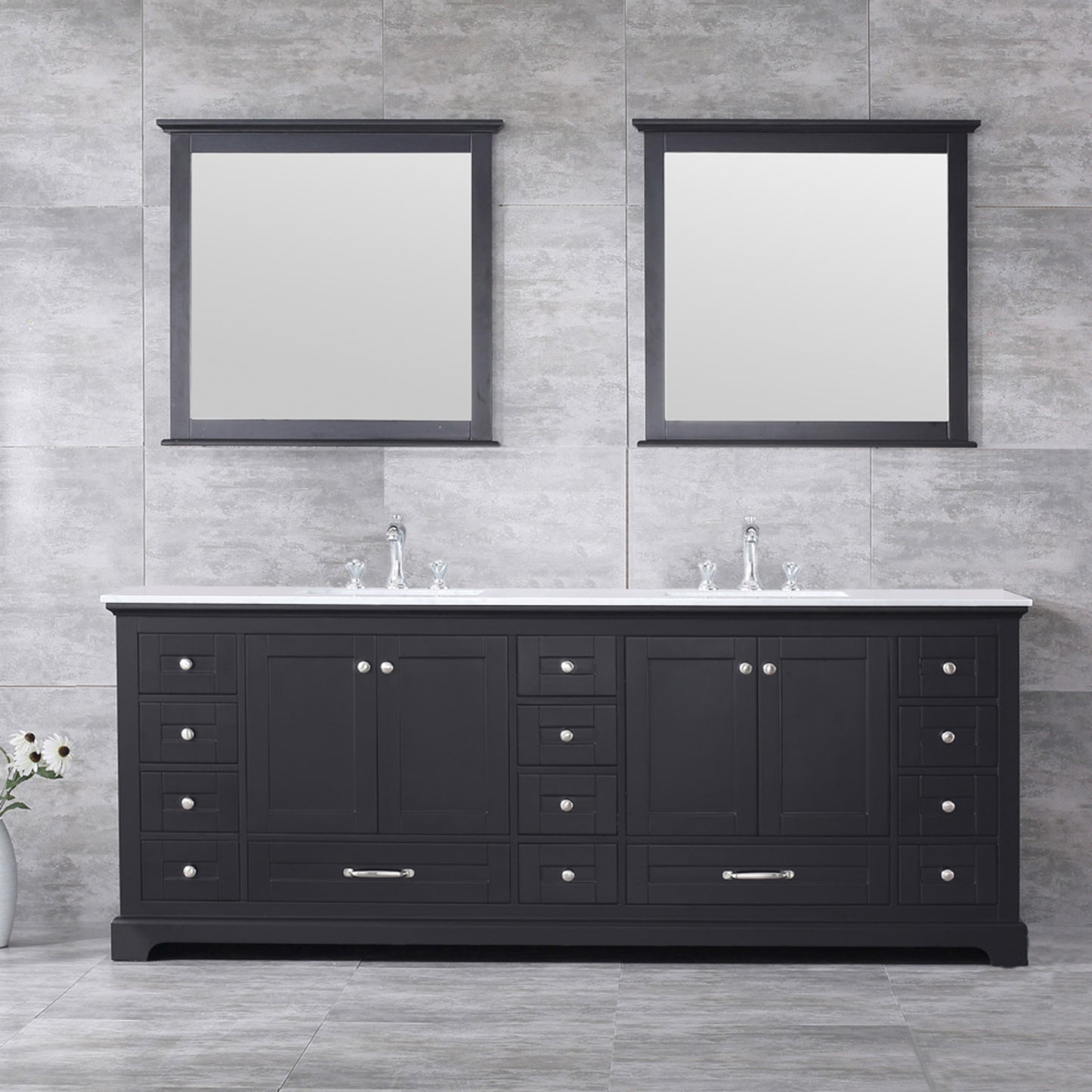 Lexora Dukes 84" Double Vanity, White Quartz Top, White Square Sinks and 34" Mirrors w/ Faucets - Luxe Bathroom Vanities