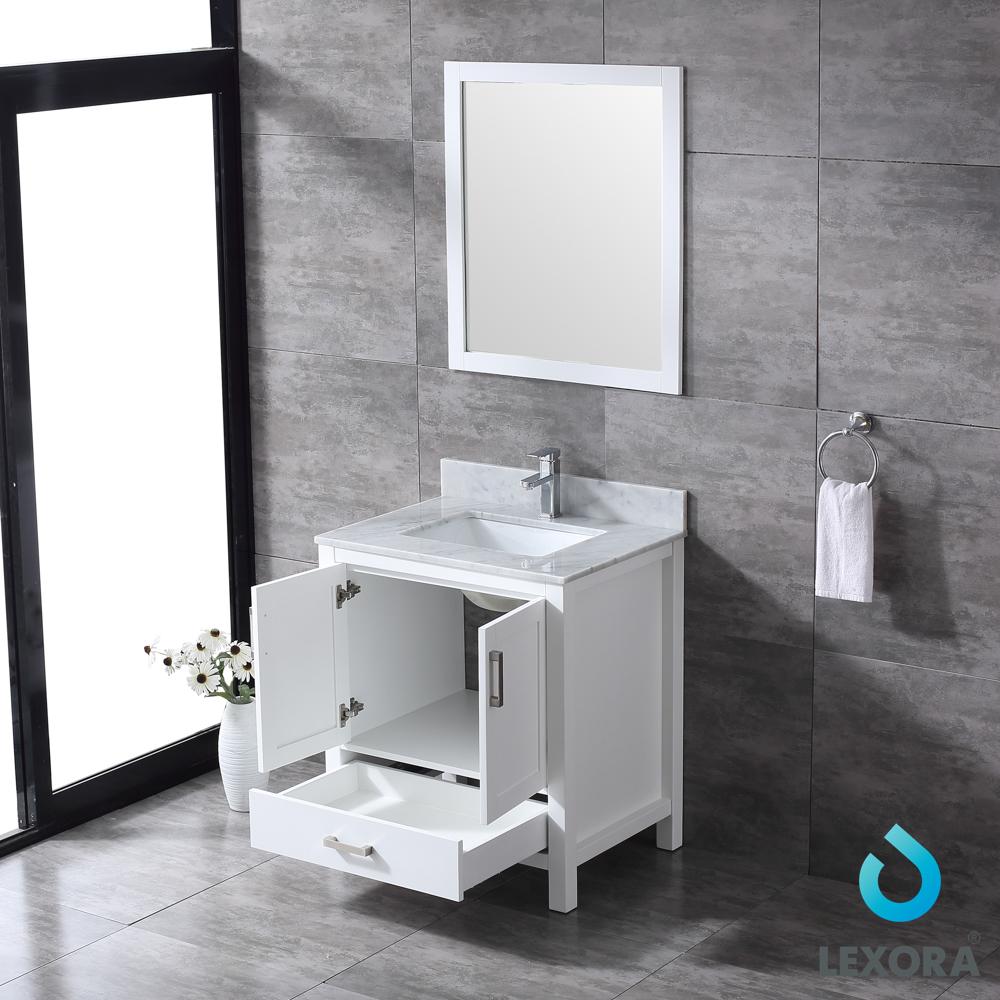 Jacques 30" Single Vanity, White Carrara Marble Top, White Square Sink and 28" Mirror - Luxe Bathroom Vanities Luxury Bathroom Fixtures Bathroom Furniture
