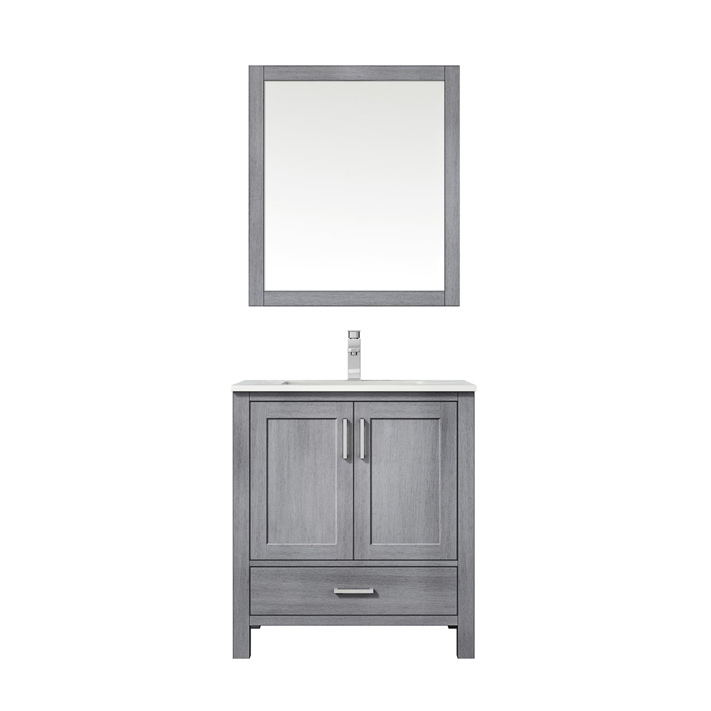 Lexora Jacques 30" Single Vanity, White Carrara Marble Top, White Square Sink and 28" Mirror w/ Faucet - Luxe Bathroom Vanities