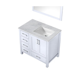 Jacques 36" Single Vanity, White Carrara Marble Top, White Square Sink and 34" Mirror - Right Version - Luxe Bathroom Vanities
