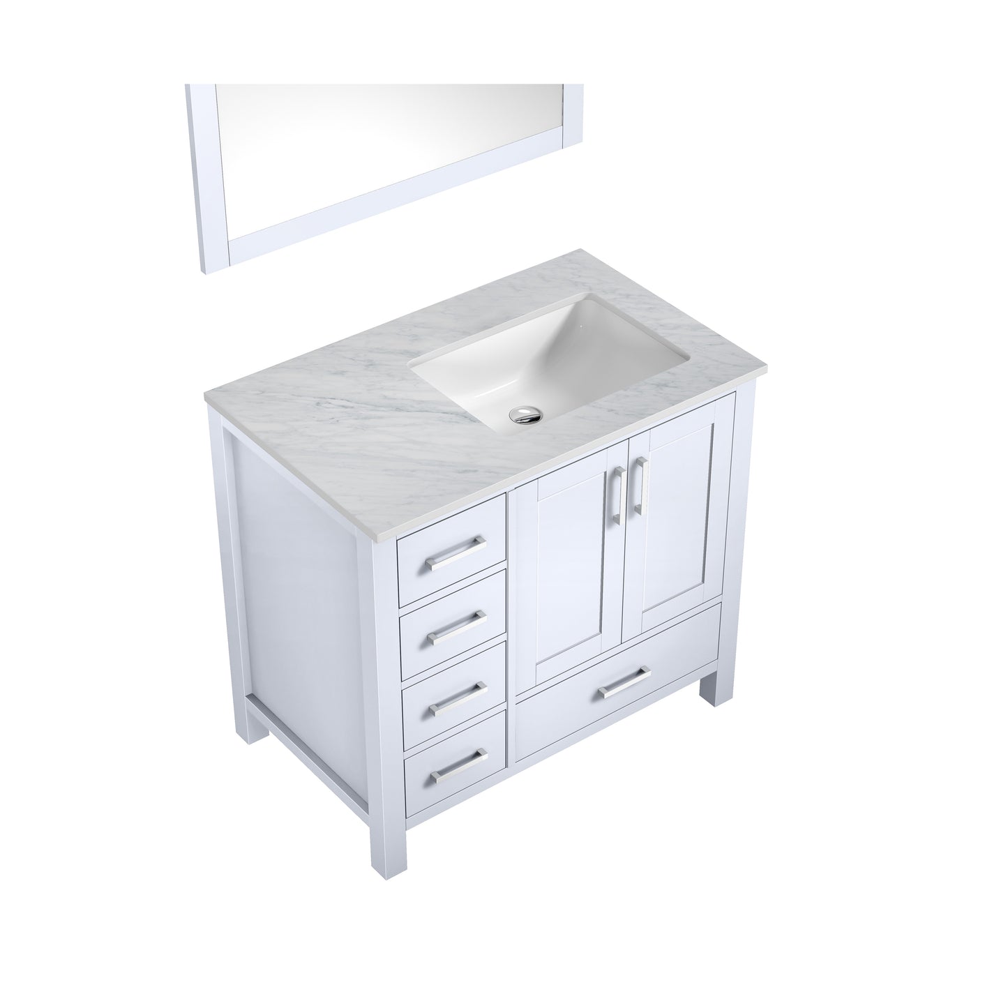 Jacques 36" Single Vanity, White Carrara Marble Top, White Square Sink and 34" Mirror - Right Version - Luxe Bathroom Vanities