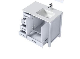 Lexora Jacques 36" Single Vanity, White Quartz Top, White Square Sink and no Mirror - Right Version - Luxe Bathroom Vanities