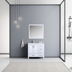 Lexora Jacques 36" Single Vanity, White Quartz Top, White Square Sink and 34" Mirror w/ Faucet - Left Version - Luxe Bathroom Vanities