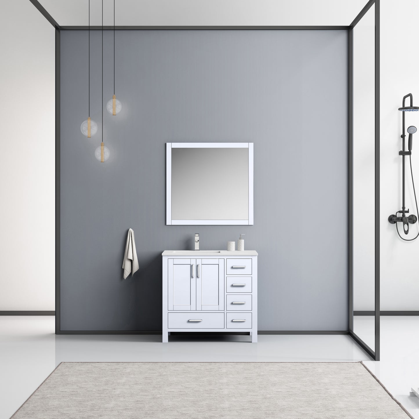 Lexora Jacques 36" Single Vanity, White Quartz Top, White Square Sink and 34" Mirror - Left Version - Luxe Bathroom Vanities