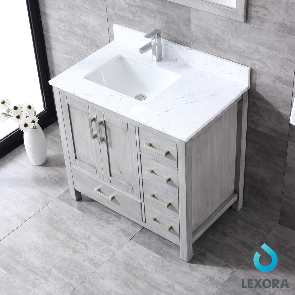 Jacques 36" Single Vanity, White Carrara Marble Top, White Square Sink and 34" Mirror - Left Version - Luxe Bathroom Vanities Luxury Bathroom Fixtures Bathroom Furniture
