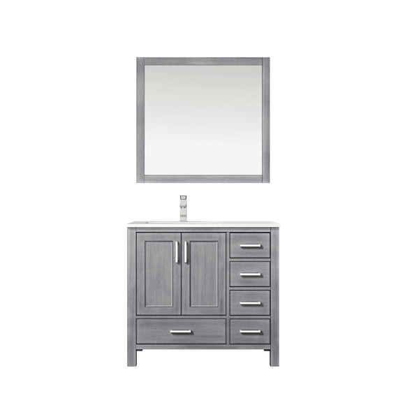 Lexora Jacques 36" Single Vanity, White Quartz Top, White Square Sink and 34" Mirror w/ Faucet - Left Version - Luxe Bathroom Vanities