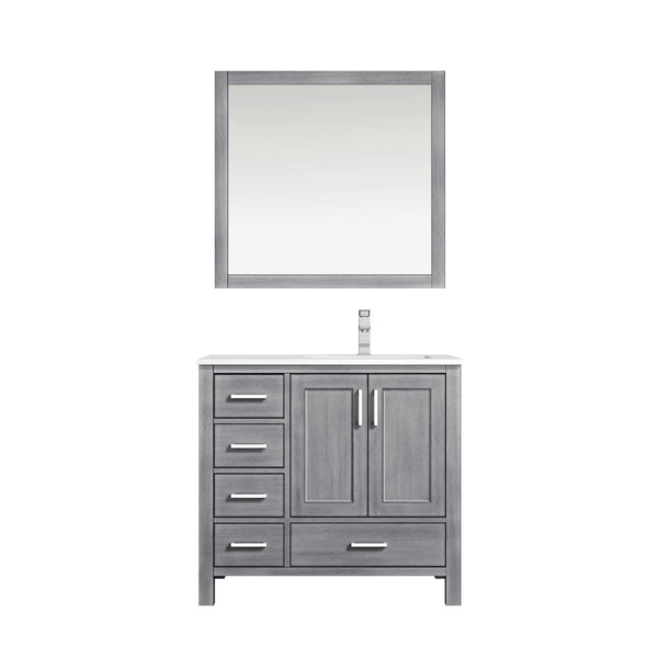 Lexora Jacques 36" Single Vanity, White Quartz Top, White Square Sink and 34" Mirror - Right Version - Luxe Bathroom Vanities