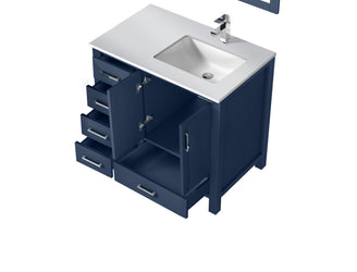 Lexora Jacques 36" Single Vanity, White Quartz Top, White Square Sink and no Mirror - Right Version - Luxe Bathroom Vanities