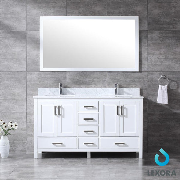 Jacques 60" Double Vanity, White Carrara Marble Top, White Square Sinks and 58" Mirror - Luxe Bathroom Vanities Luxury Bathroom Fixtures Bathroom Furniture