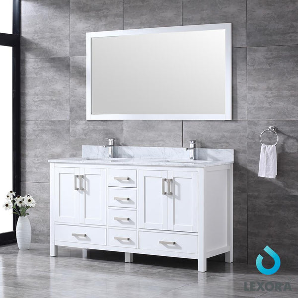 Jacques 60" Double Vanity, White Carrara Marble Top, White Square Sinks and 58" Mirror - Luxe Bathroom Vanities Luxury Bathroom Fixtures Bathroom Furniture