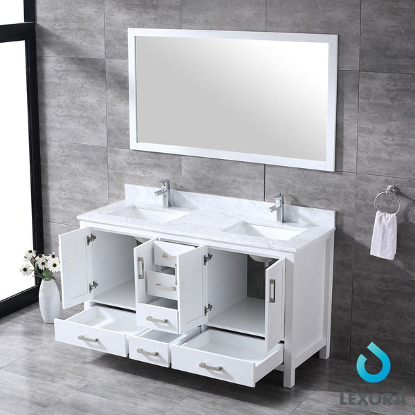 Jacques 60" Double Vanity, White Carrara Marble Top, White Square Sinks and 58" Mirror - Luxe Bathroom Vanities Luxury Bathroom Fixtures Bathroom Furniture