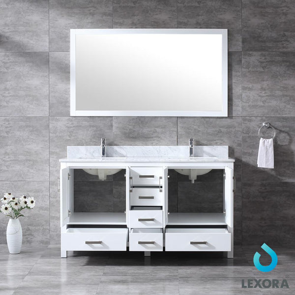 Jacques 60" Double Vanity, White Carrara Marble Top, White Square Sinks and 58" Mirror - Luxe Bathroom Vanities Luxury Bathroom Fixtures Bathroom Furniture