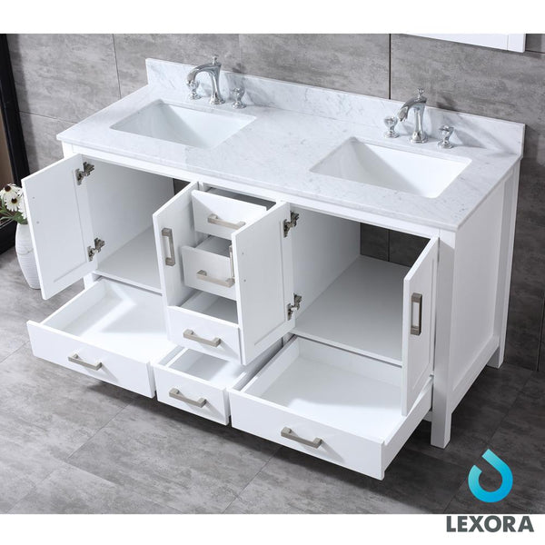 Jacques 60" Double Vanity, White Carrara Marble Top, White Square Sinks and 58" Mirror - Luxe Bathroom Vanities Luxury Bathroom Fixtures Bathroom Furniture