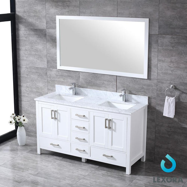 Jacques 60" Double Vanity, White Carrara Marble Top, White Square Sinks and 58" Mirror - Luxe Bathroom Vanities Luxury Bathroom Fixtures Bathroom Furniture