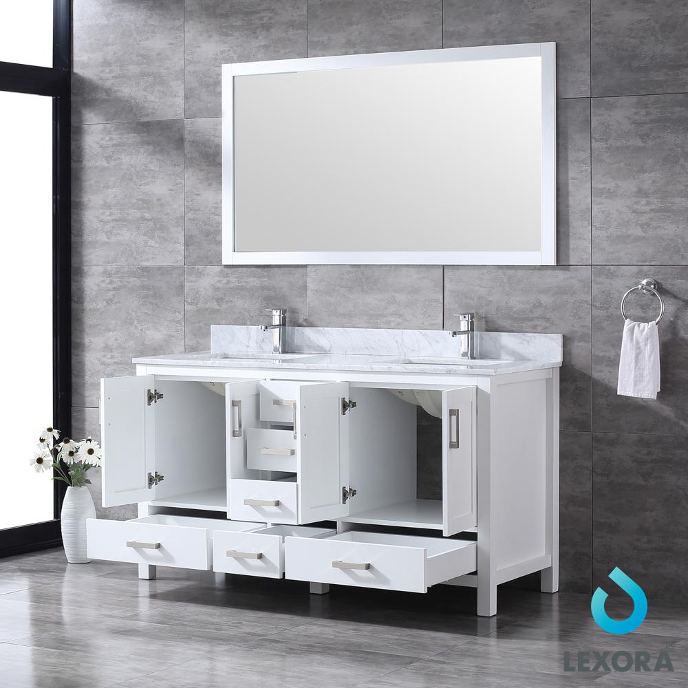 Jacques 60" Double Vanity, White Carrara Marble Top, White Square Sinks and 58" Mirror - Luxe Bathroom Vanities Luxury Bathroom Fixtures Bathroom Furniture