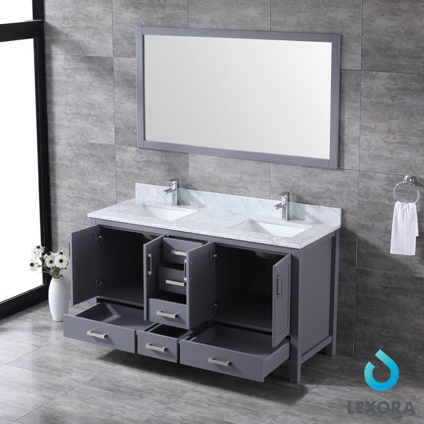 Jacques 60" Double Vanity, White Carrara Marble Top, White Square Sinks and 58" Mirror - Luxe Bathroom Vanities Luxury Bathroom Fixtures Bathroom Furniture