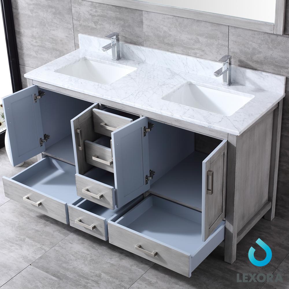 Jacques 60" Double Vanity, White Carrara Marble Top, White Square Sinks and 58" Mirror - Luxe Bathroom Vanities Luxury Bathroom Fixtures Bathroom Furniture