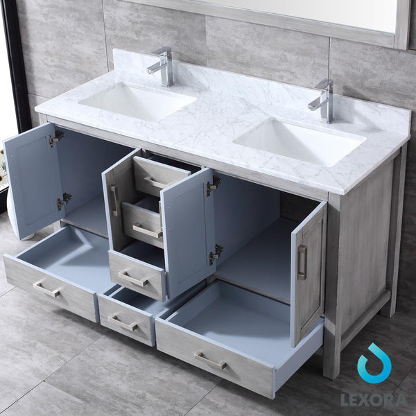 Jacques 60" Double Vanity, White Carrara Marble Top, White Square Sinks and 58" Mirror - Luxe Bathroom Vanities Luxury Bathroom Fixtures Bathroom Furniture