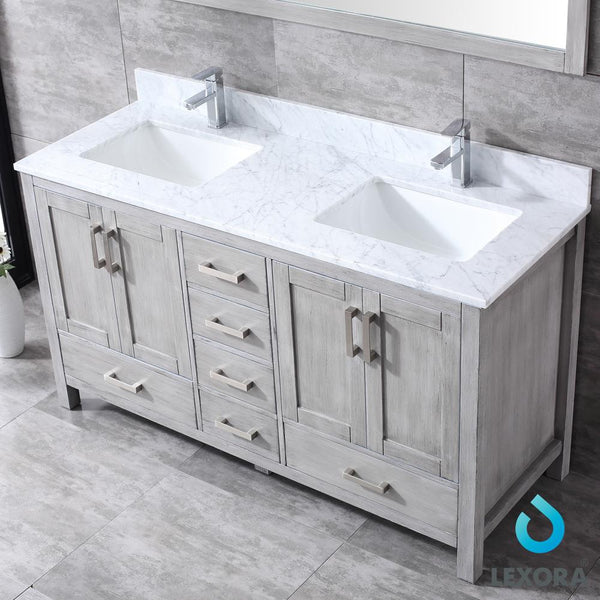 Jacques 60" Double Vanity, White Carrara Marble Top, White Square Sinks and 58" Mirror - Luxe Bathroom Vanities Luxury Bathroom Fixtures Bathroom Furniture