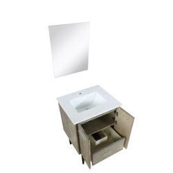 Lexora Lancy 24" Rustic Acacia Bathroom Vanity, White Quartz Top, White Square Sink, and 18" Frameless Mirror - Luxe Bathroom Vanities