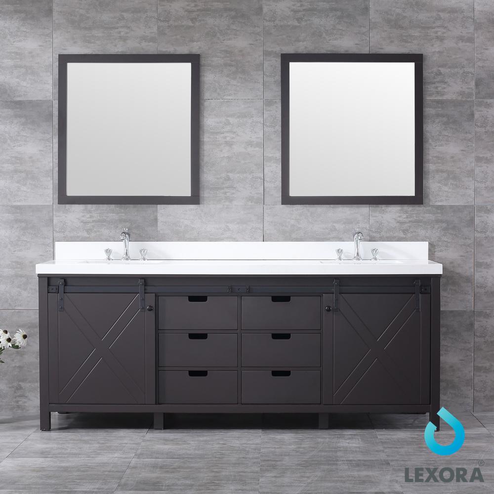 Marsyas 84" Brown Double Vanity, White Quartz Top, White Square Sinks and 34" Mirrors - Luxe Bathroom Vanities Luxury Bathroom Fixtures Bathroom Furniture