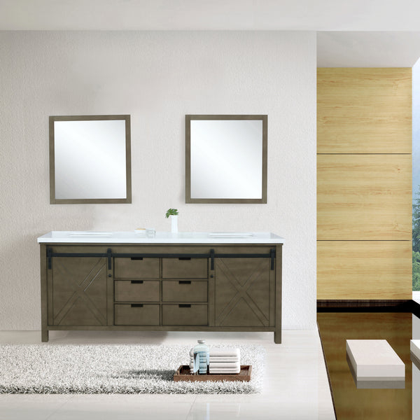 Marsyas 84" Brown Double Vanity, White Quartz Top, White Square Sinks and 34" Mirrors - Luxe Bathroom Vanities
