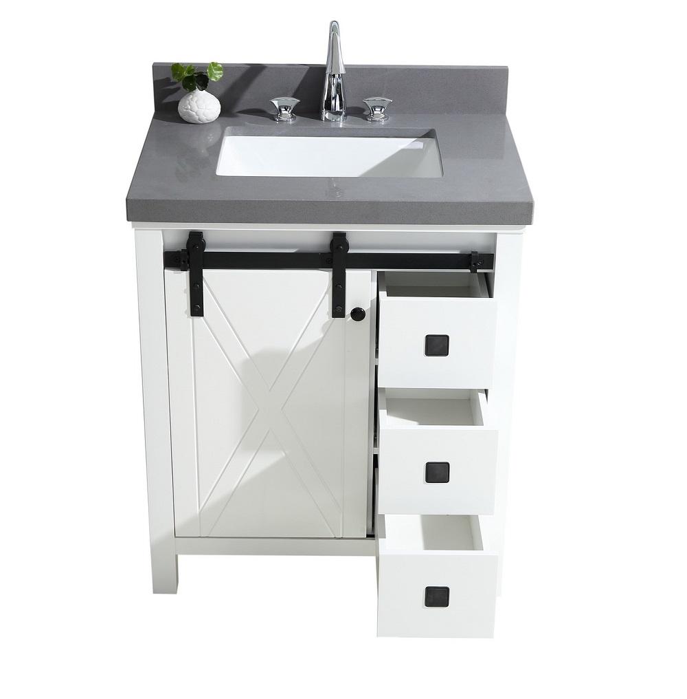 Marsyas Veluti 30" White Single Vanity, Grey Quartz Top, White Square Sink and no Mirror - Luxe Bathroom Vanities Luxury Bathroom Fixtures Bathroom Furniture