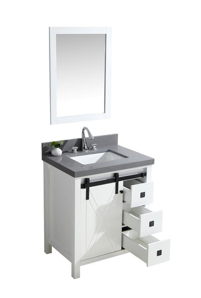 Marsyas Veluti 30" White Single Vanity, Grey Quartz Top, White Square Sink and 28" Mirror - Luxe Bathroom Vanities Luxury Bathroom Fixtures Bathroom Furniture