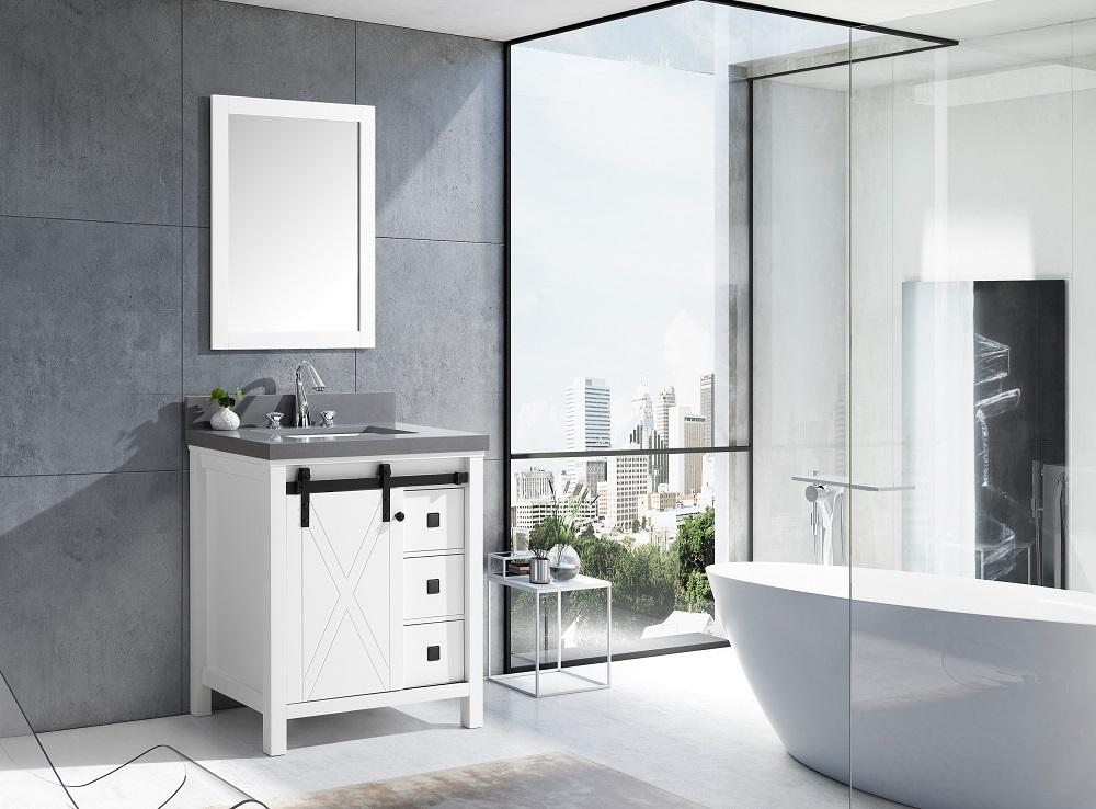 Marsyas Veluti 30" White Single Vanity, Grey Quartz Top, White Square Sink and 28" Mirror - Luxe Bathroom Vanities Luxury Bathroom Fixtures Bathroom Furniture