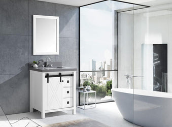 Marsyas Veluti 30" White Single Vanity, Grey Quartz Top, White Square Sink and 28" Mirror - Luxe Bathroom Vanities Luxury Bathroom Fixtures Bathroom Furniture