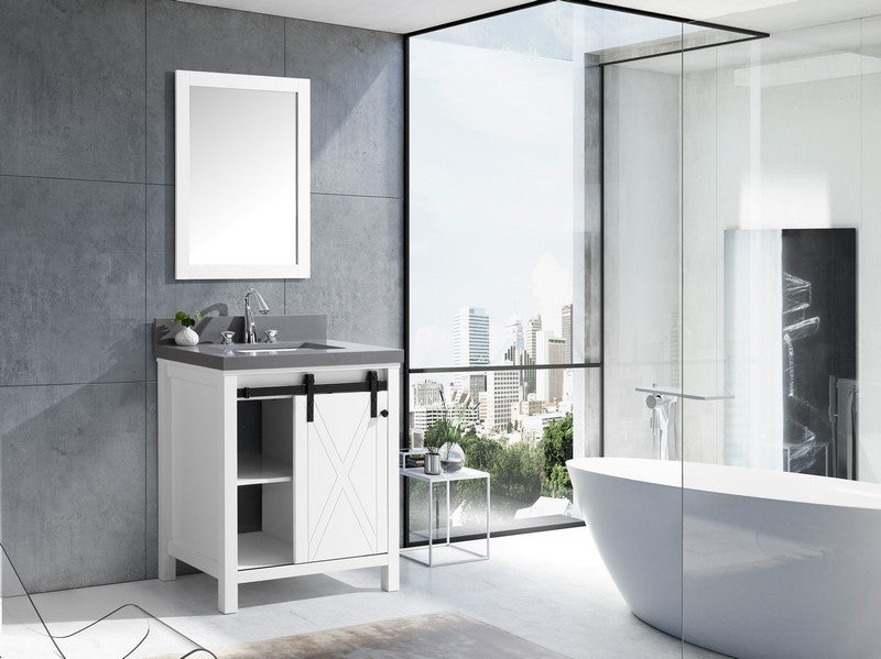 Lexora Marsyas Veluti 30" Single Vanity, Grey Quartz Top, White Square Sink and 28" Mirror w/ Faucet - Luxe Bathroom Vanities