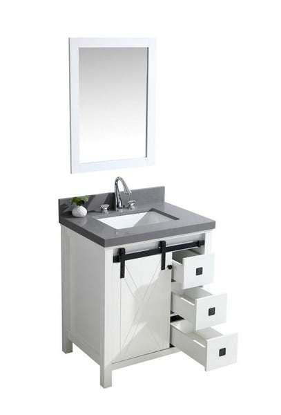 Lexora Marsyas Veluti 30" Single Vanity, Grey Quartz Top, White Square Sink and 28" Mirror w/ Faucet - Luxe Bathroom Vanities