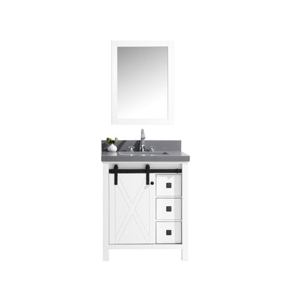 Marsyas Veluti 30" White Single Vanity, Grey Quartz Top, White Square Sink and 28" Mirror - Luxe Bathroom Vanities Luxury Bathroom Fixtures Bathroom Furniture