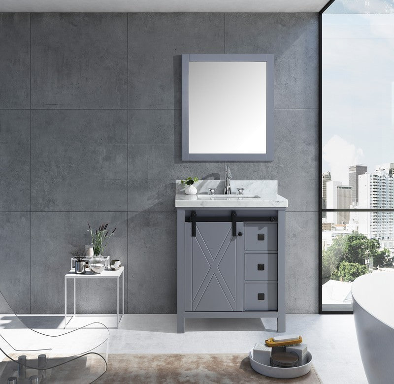 Lexora Marsyas Veluti 30" Single Vanity, Grey Quartz Top, White Square Sink and 28" Mirror w/ Faucet - Luxe Bathroom Vanities