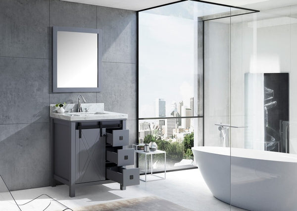 Lexora Marsyas Veluti 30" Single Vanity, Grey Quartz Top, White Square Sink and 28" Mirror w/ Faucet - Luxe Bathroom Vanities