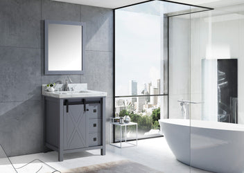 Marsyas Veluti 30" Dark Grey Single Vanity, White Carrara Marble Top, White Square Sink and 28" Mirror - Luxe Bathroom Vanities Luxury Bathroom Fixtures Bathroom Furniture