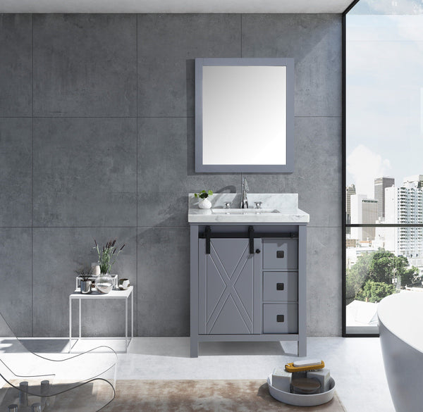 Marsyas Veluti 30" Dark Grey Single Vanity, White Carrara Marble Top, White Square Sink and 28" Mirror - Luxe Bathroom Vanities Luxury Bathroom Fixtures Bathroom Furniture