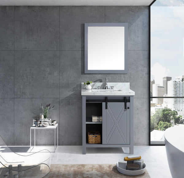 Marsyas Veluti 30" Dark Grey Single Vanity, White Carrara Marble Top, White Square Sink and 28" Mirror - Luxe Bathroom Vanities Luxury Bathroom Fixtures Bathroom Furniture