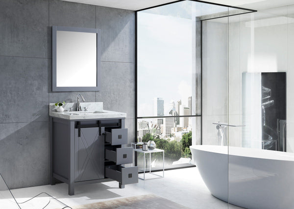 Marsyas Veluti 30" Dark Grey Single Vanity, White Carrara Marble Top, White Square Sink and 28" Mirror - Luxe Bathroom Vanities Luxury Bathroom Fixtures Bathroom Furniture