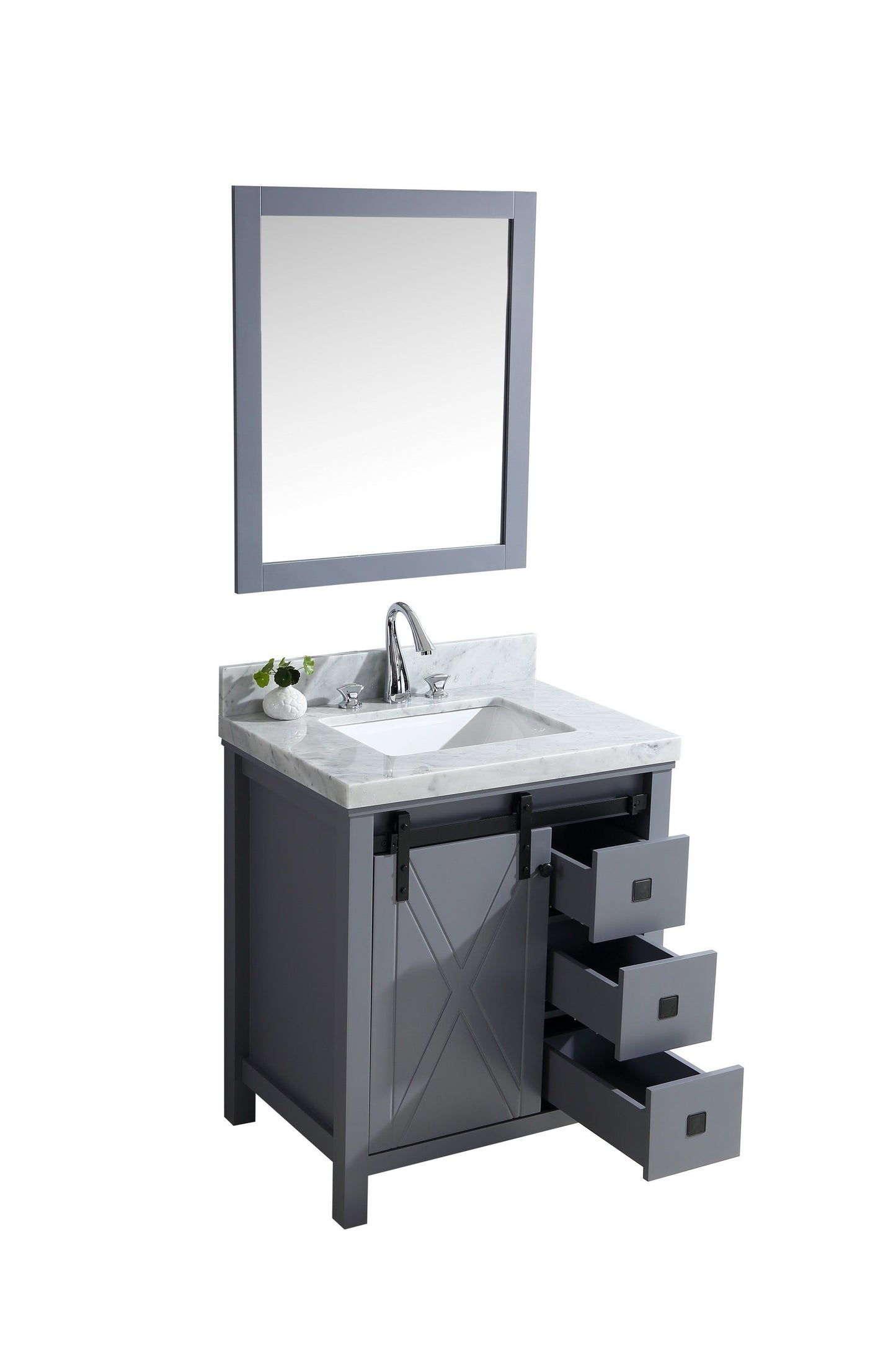 Marsyas Veluti 30" Dark Grey Single Vanity, White Carrara Marble Top, White Square Sink and 28" Mirror - Luxe Bathroom Vanities Luxury Bathroom Fixtures Bathroom Furniture