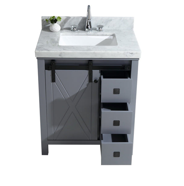 Marsyas Veluti 30" Dark Grey Single Vanity, White Carrara Marble Top, White Square Sink and 28" Mirror - Luxe Bathroom Vanities Luxury Bathroom Fixtures Bathroom Furniture