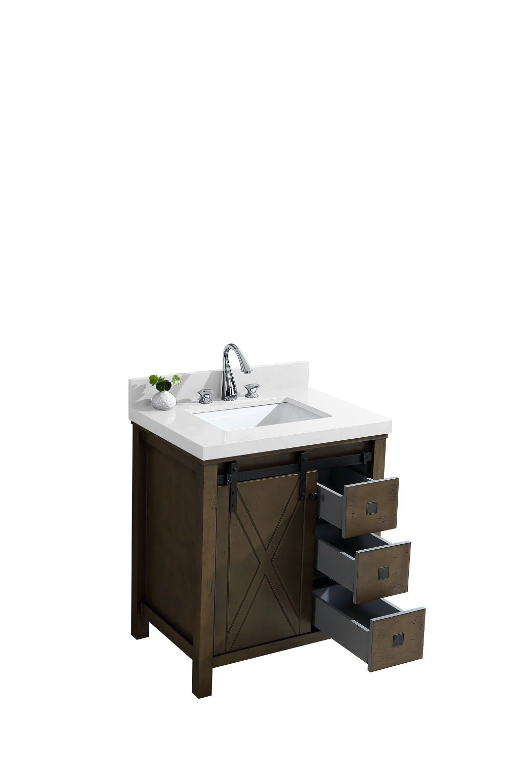 Marsyas Veluti 30" Rustic Brown Single Vanity, White Quartz Top, White Square Sink and no Mirror - Luxe Bathroom Vanities Luxury Bathroom Fixtures Bathroom Furniture